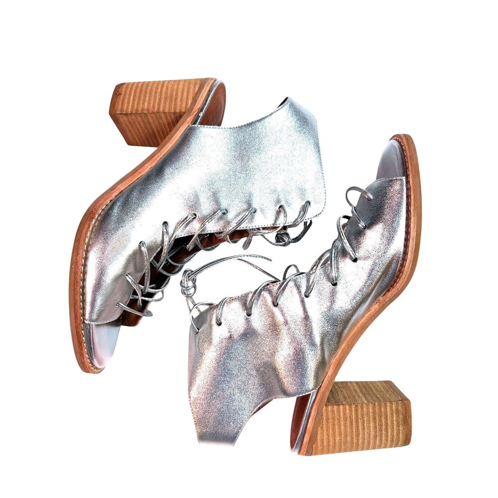 Jeffrey Campbell x FP Women 9.5 Silver Minimal Lace Up Bootie Heel Peep Toe